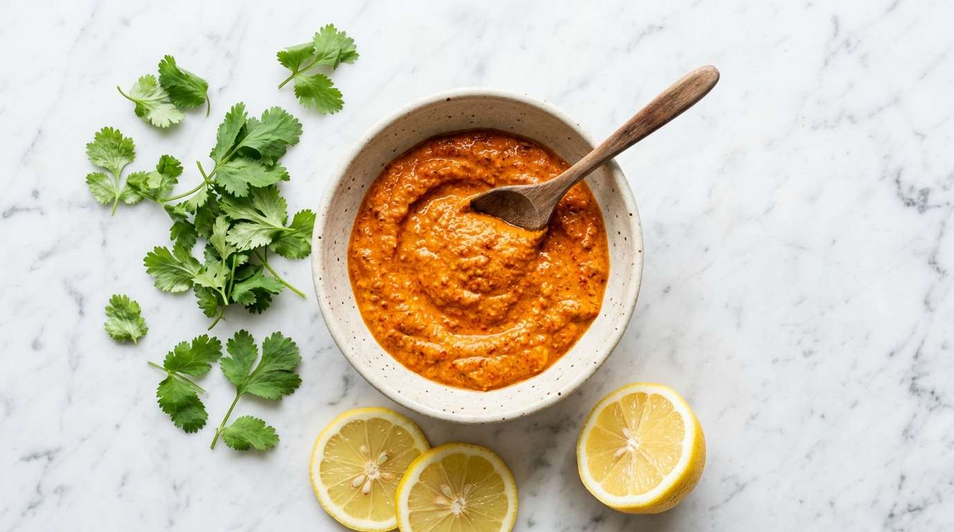 Deep red-orange tandoori marinade, dramatic lighting