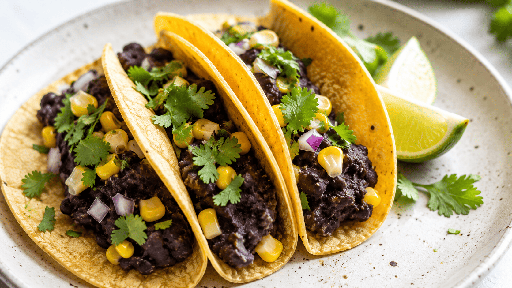 Three corn tortilla tacos filled with mashed black beans and corn, lime wedge on the side, bright natural light
