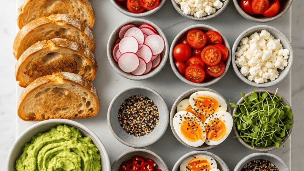 Avocado toast bar board — toasted sourdough slices, a bowl of mashed avocado and a row of topping bowls: chili flakes, everything seasoning, cherry tomatoes, feta, radish, jammy egg and microgreens