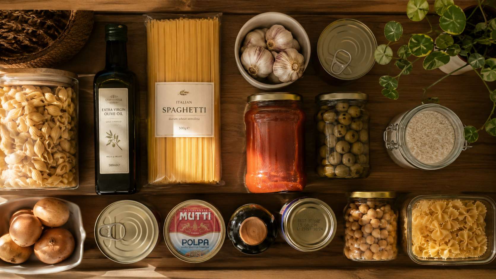 Top-down pantry shelf with warm wooden texture, olive oil, pasta, canned goods, garlic, soft natural light
