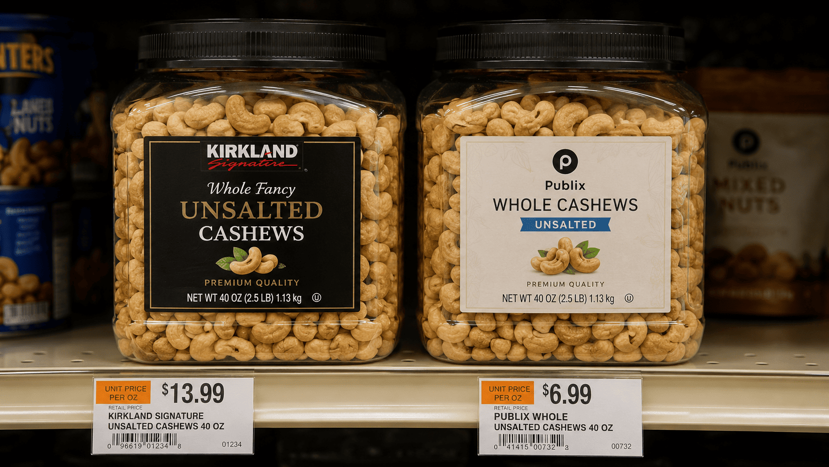 Two near-identical jars or bags side by side, one glossy name-brand and one plain store-brand label, on a shelf