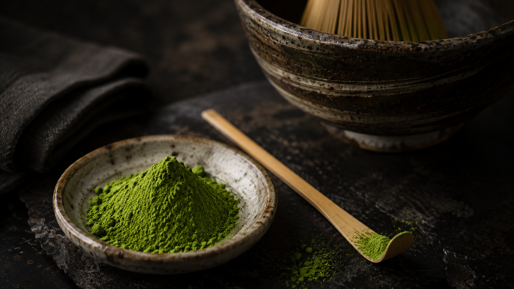 Vibrant matcha powder in a small ceramic dish beside a bamboo chashaku scoop, dark moody backdrop, editorial close-up