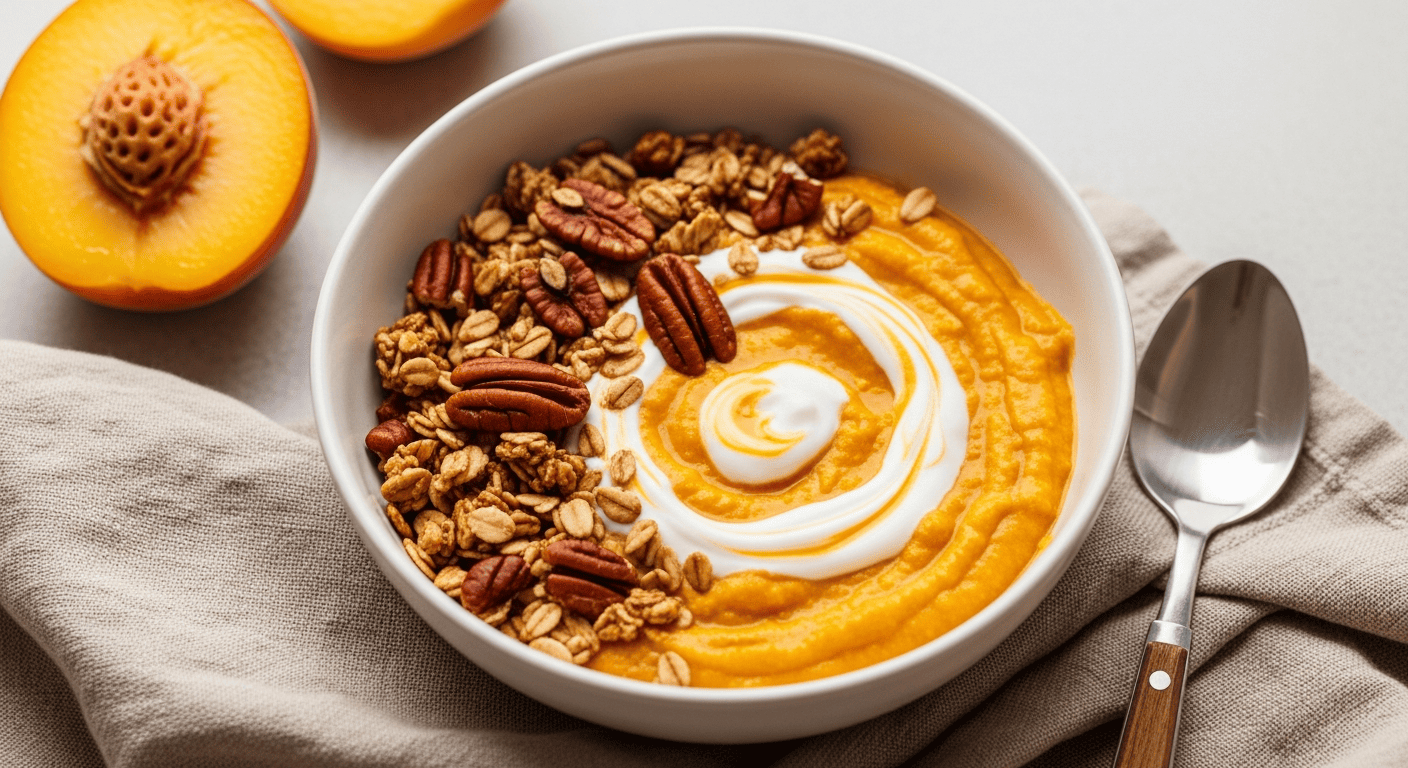 Warm golden peach-turmeric bowl with granola, pecans and a yogurt swirl