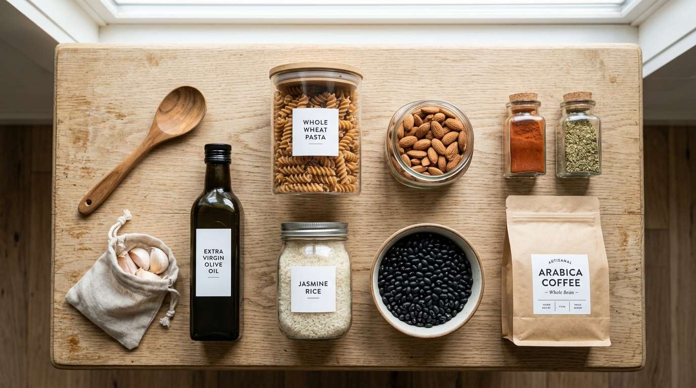 Warm overhead pantry flatlay — wooden table, ceramic bowl of pasta, canned goods, garlic, olive oil in soft golden late-afternoon light