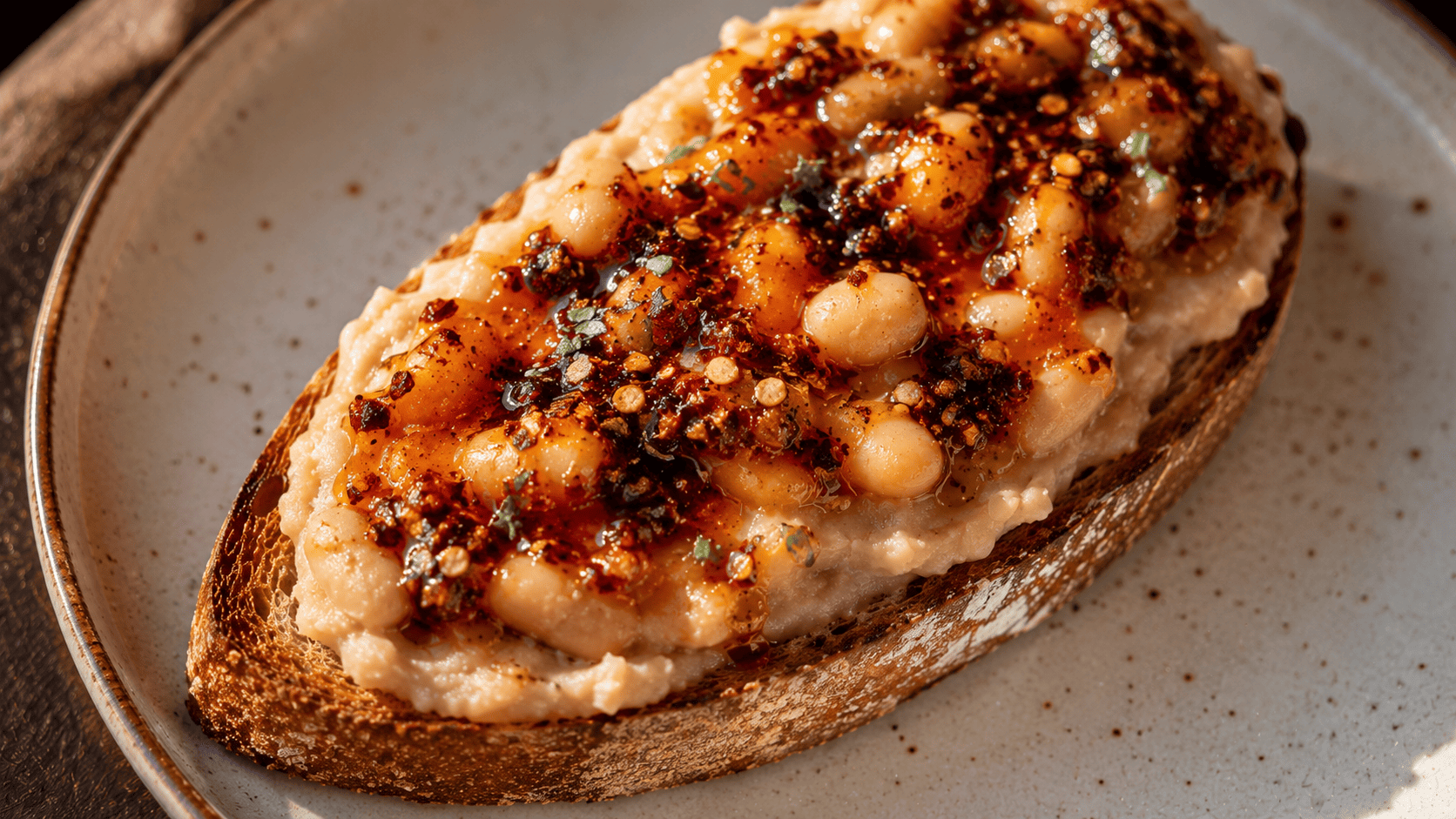White bean mash on toast topped with glossy red chili crisp