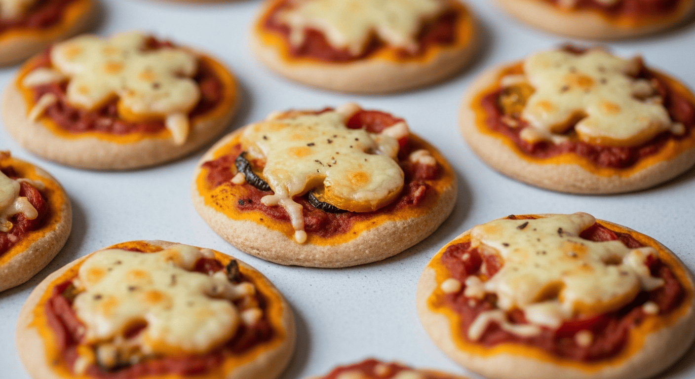 Whole-wheat mini pizzas with melted cheese and hidden vegetable sauce, cut into kid-friendly shapes