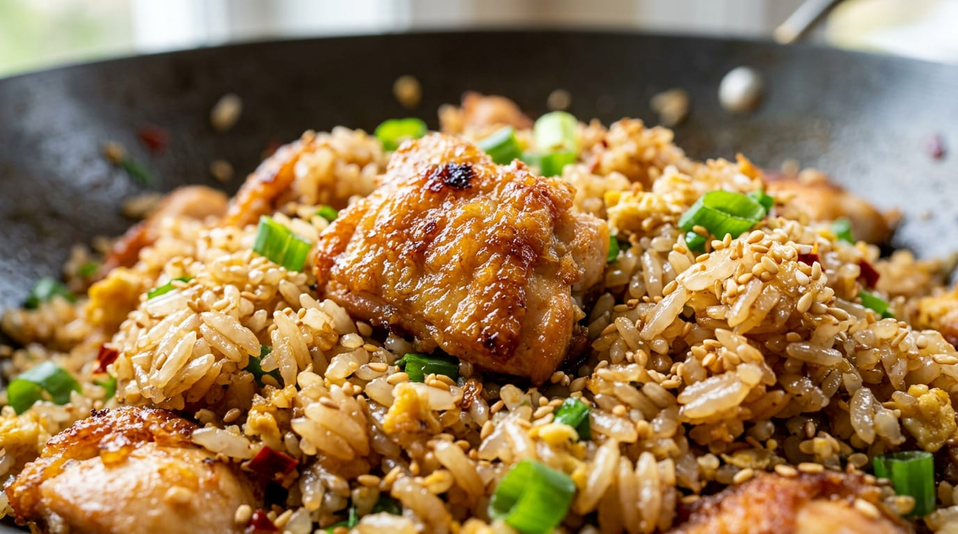 Wok-tossed chicken fried rice with egg ribbons, spring onion, sesame oil sheen, dark moody editorial