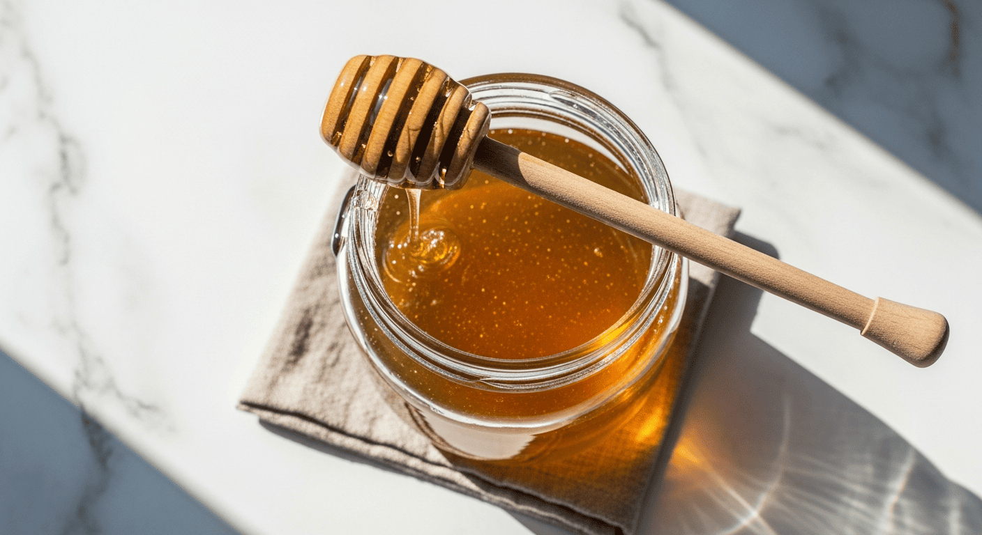 Wooden honey dipper resting across a rustic jar on a linen tablecloth, soft morning light, no other props