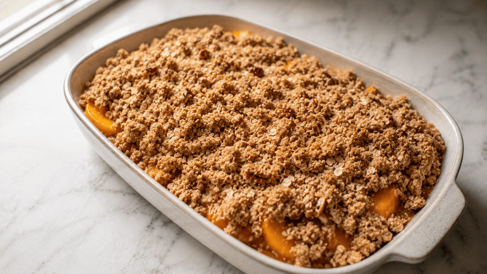 45 degree angle shot of a ceramic baking dish filled with sliced peaches evenly topped with a generous layer of oat crumble, ready for the oven