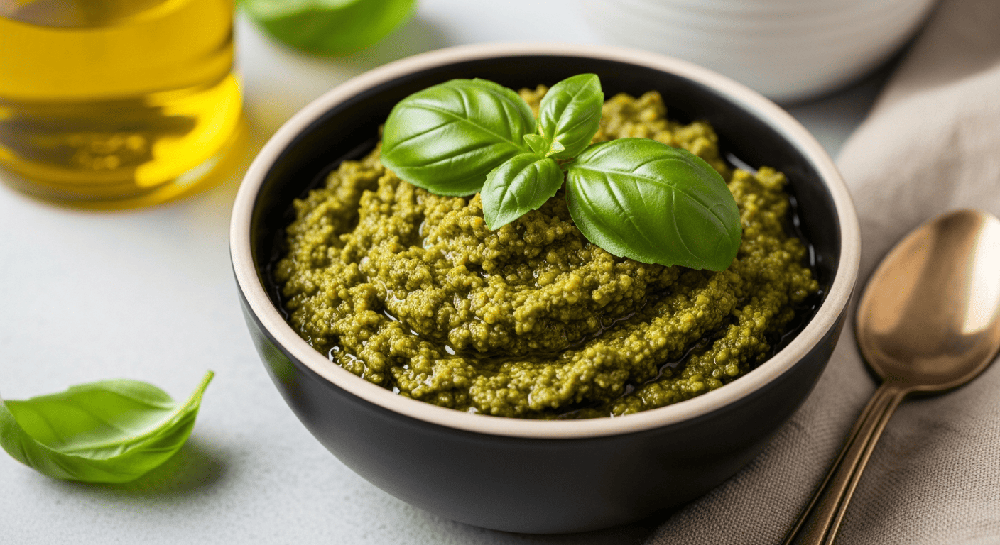 A rustic glass jar filled with freshly made vibrant green basil pesto, ready to store