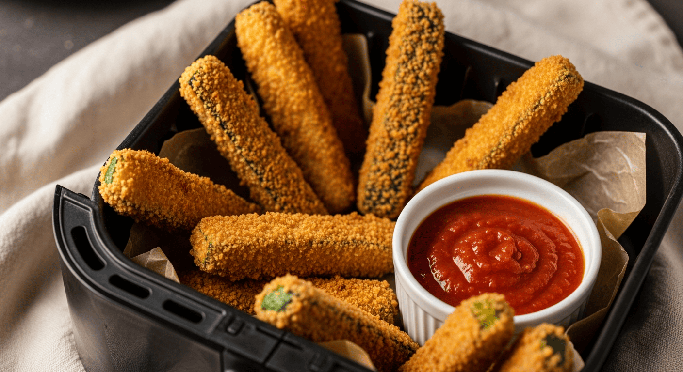 Breaded zucchini sticks arranged in an air fryer basket, golden brown, small ramekin of marinara for dipping