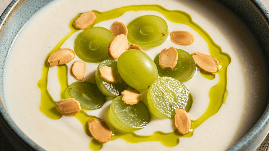 Pale silky ajo blanco in a shallow bowl, halved green grapes floating on top, a thread of olive oil
