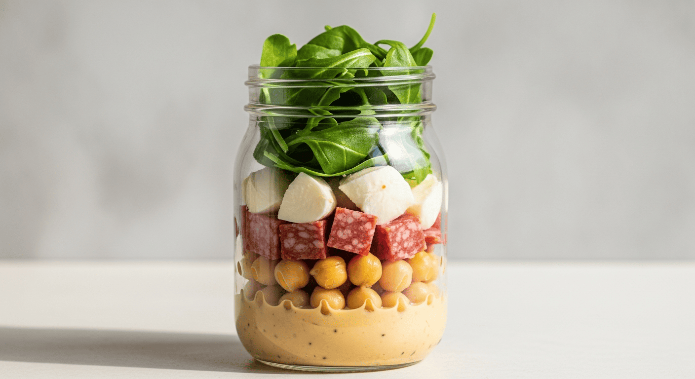 Layered mason jar salad with visible colorful layers, dressing at the bottom, greens on top