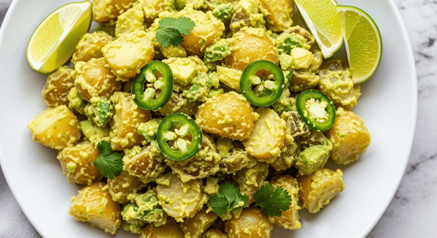 Pale green avocado-coated potato salad with jalapeño and cilantro, lime wedges on the side