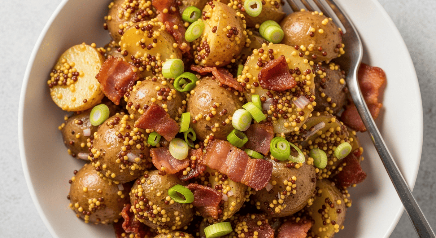 Potato salad with visible whole-grain mustard seeds, crispy bacon crumbles, sliced green onion