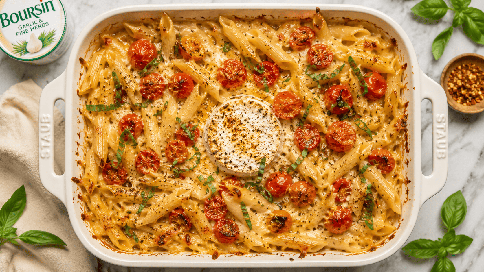 A wheel of garlic-herb Boursin cheese melting into roasted cherry tomatoes