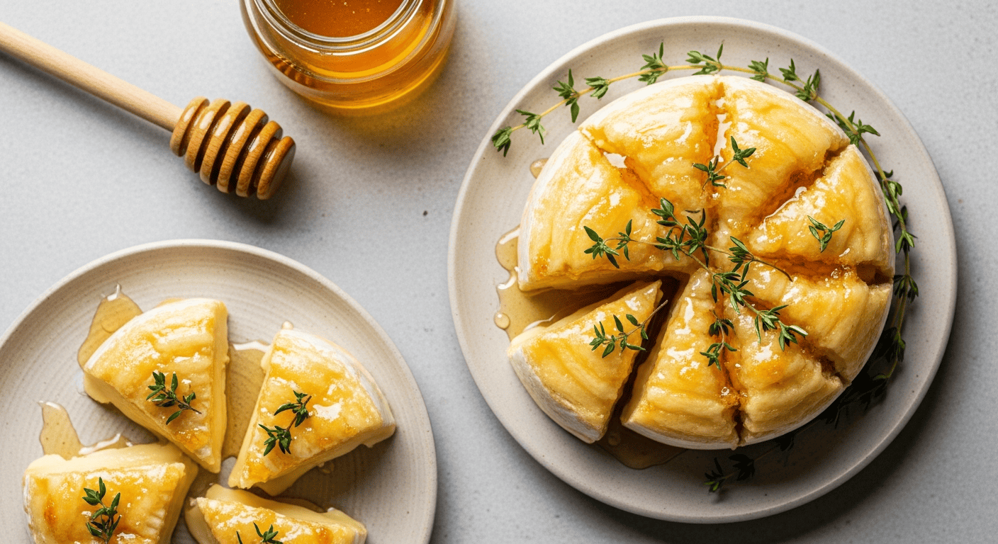 Baked brie with honey and thyme, oozing on a wooden board