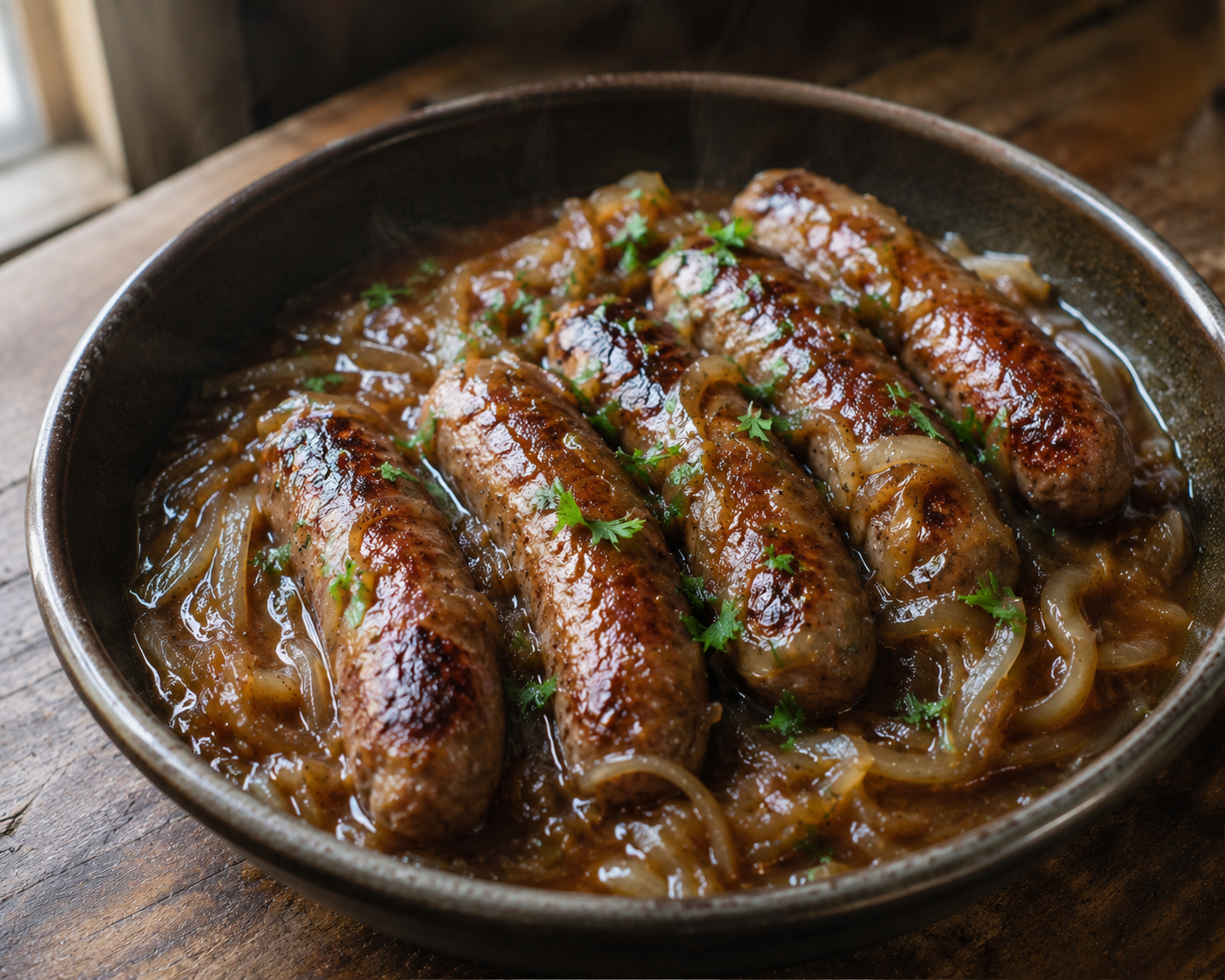 Slow cooker bangers and onions — browned pork sausages nestled in sticky caramelized onions and gravy, topped with fresh parsley