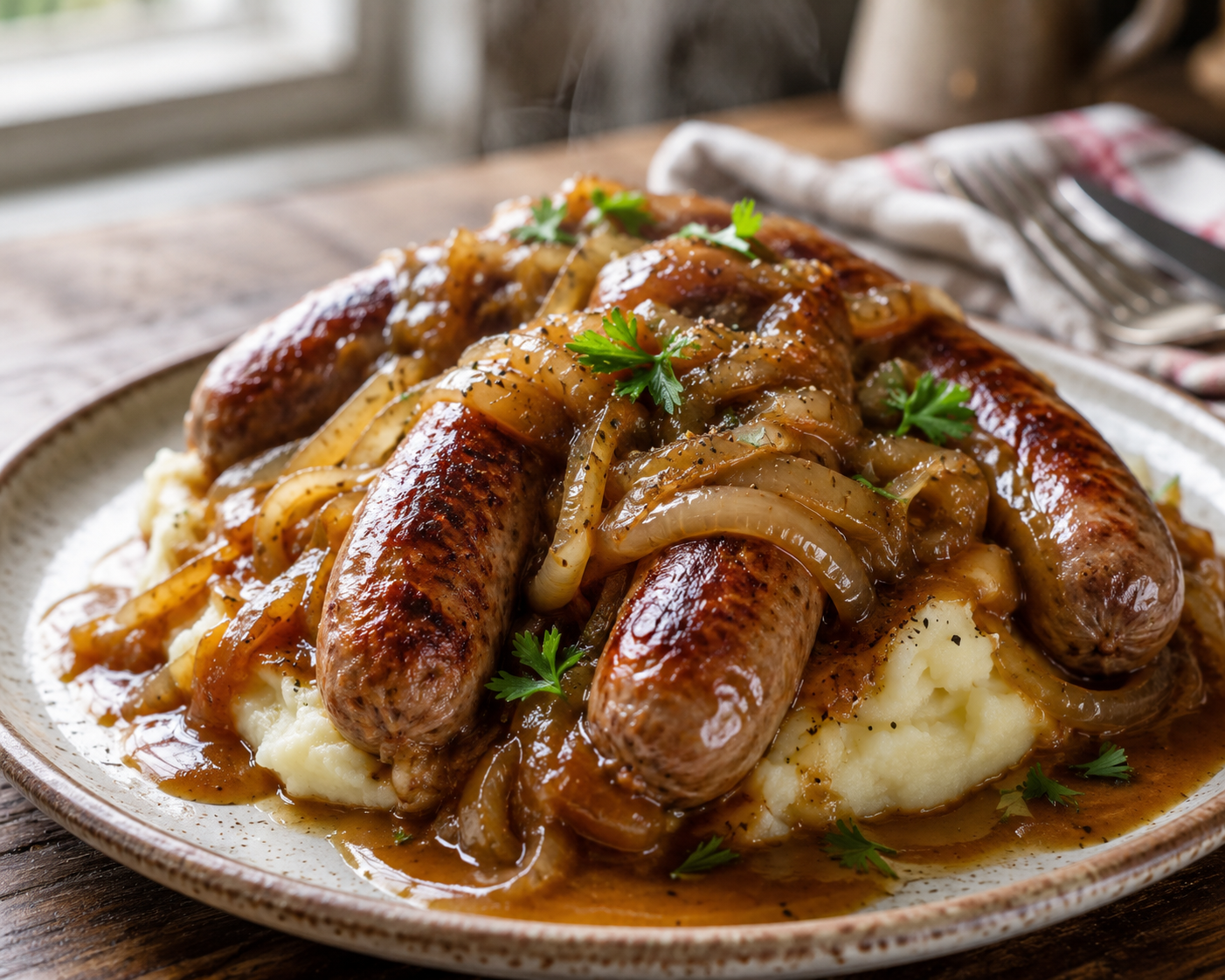 Slow cooker bangers and onions plated over creamy mashed potatoes with gravy spooned over the top