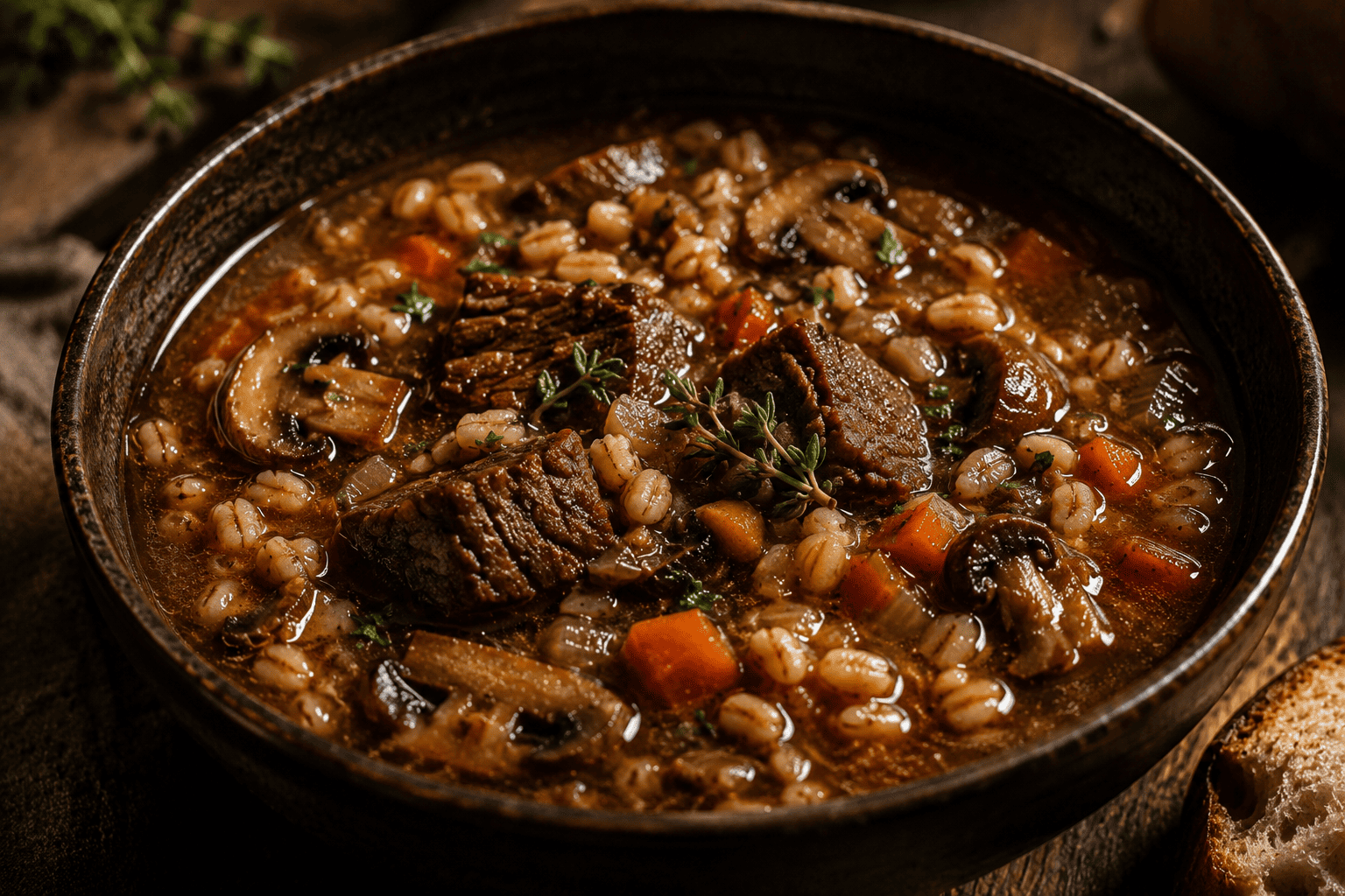 Hearty beef and barley soup, chunks of tender beef and mushrooms visible, dark rustic bowl, moody warm lighting