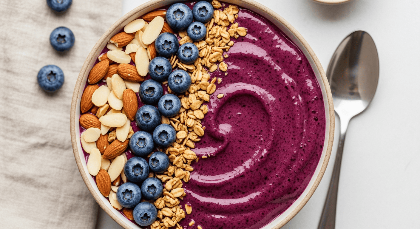 Deep purple blueberry almond smoothie bowl topped with sliced almonds, granola, and whole blueberries