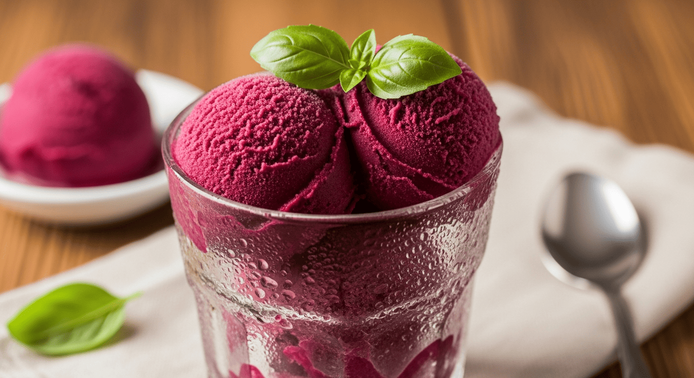Scoops of deep purple blueberry basil sorbet in a chilled glass with a basil leaf garnish