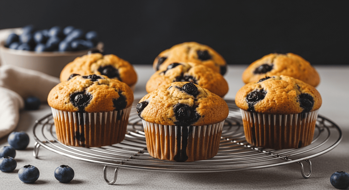 Tall-domed blueberry buttermilk muffins cooling on a wire rack, one torn open showing steam and whole berries