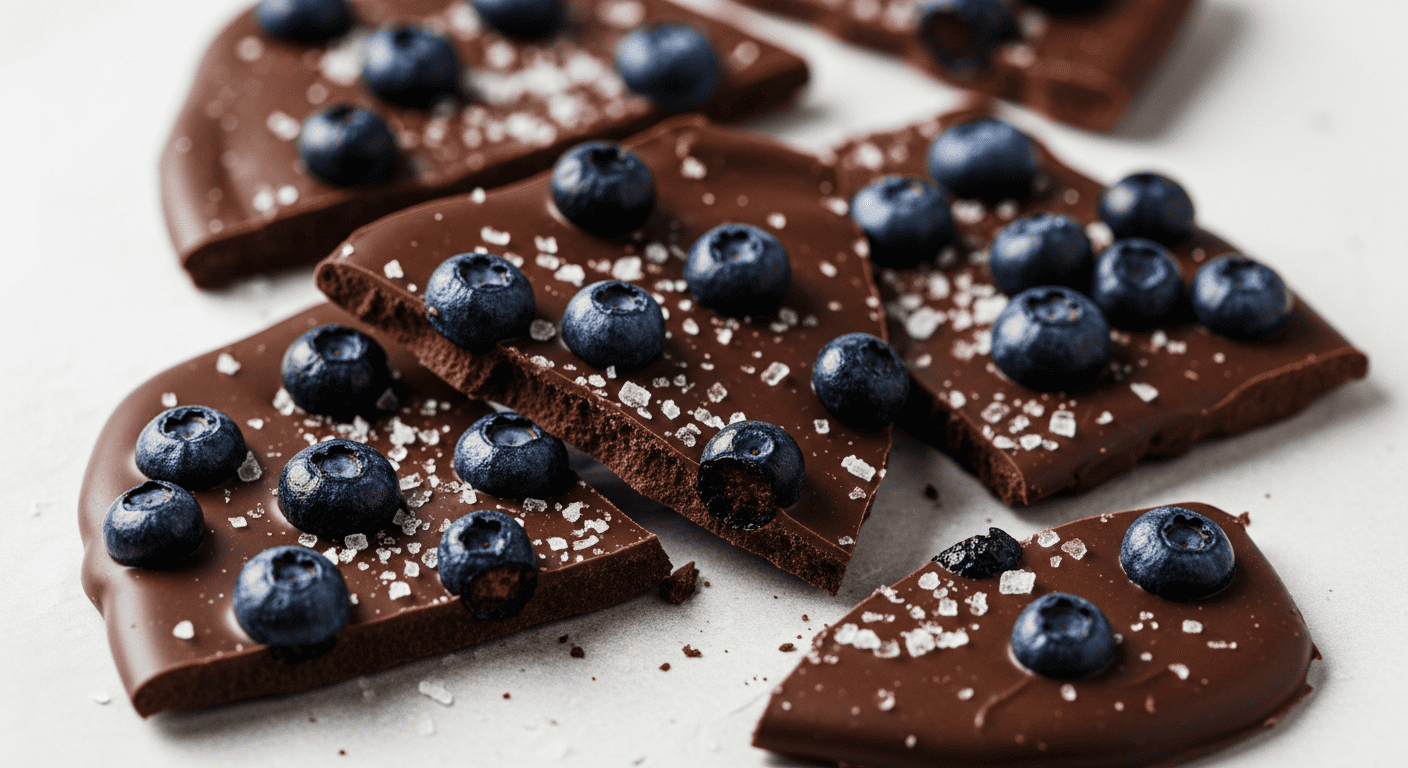 Broken shards of dark chocolate bark scattered with freeze-dried blueberries and flaky sea salt