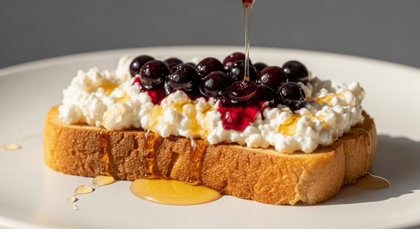 Thick toast spread with whipped cottage cheese, warm blueberry compote dripping over the edge, honey drizzle