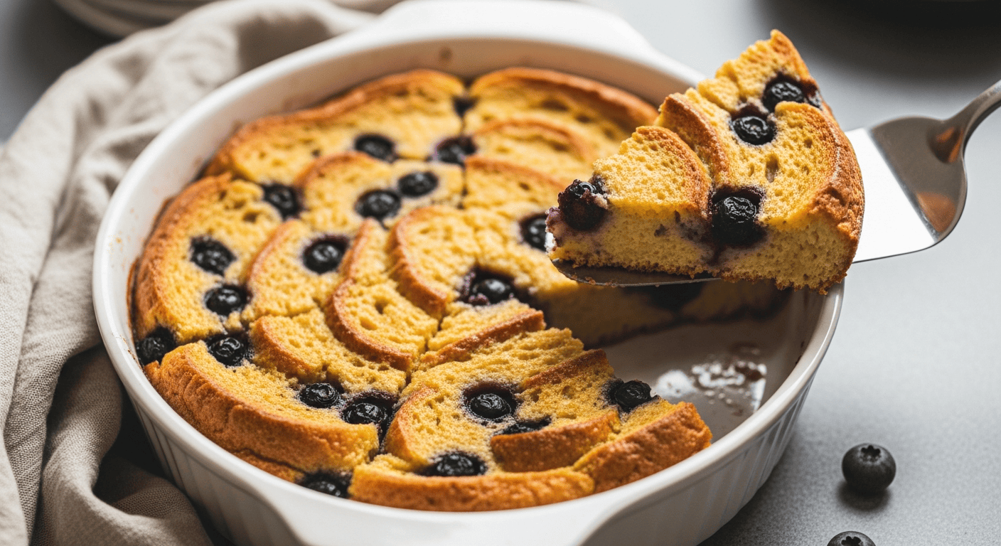 Baking dish of golden blueberry French toast bake, a slice lifted out on a spatula