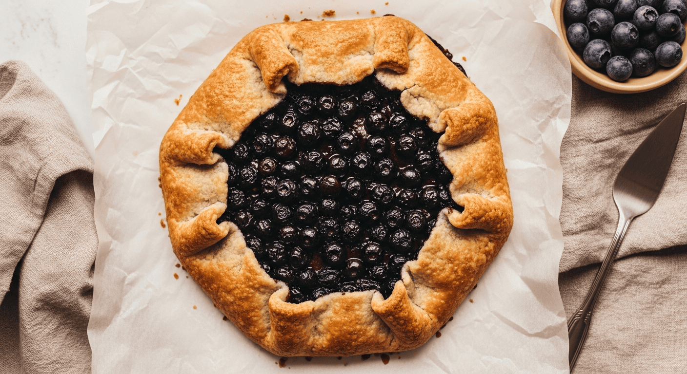 Rustic blueberry galette on parchment, folded golden crust, purple juices bubbling at the center