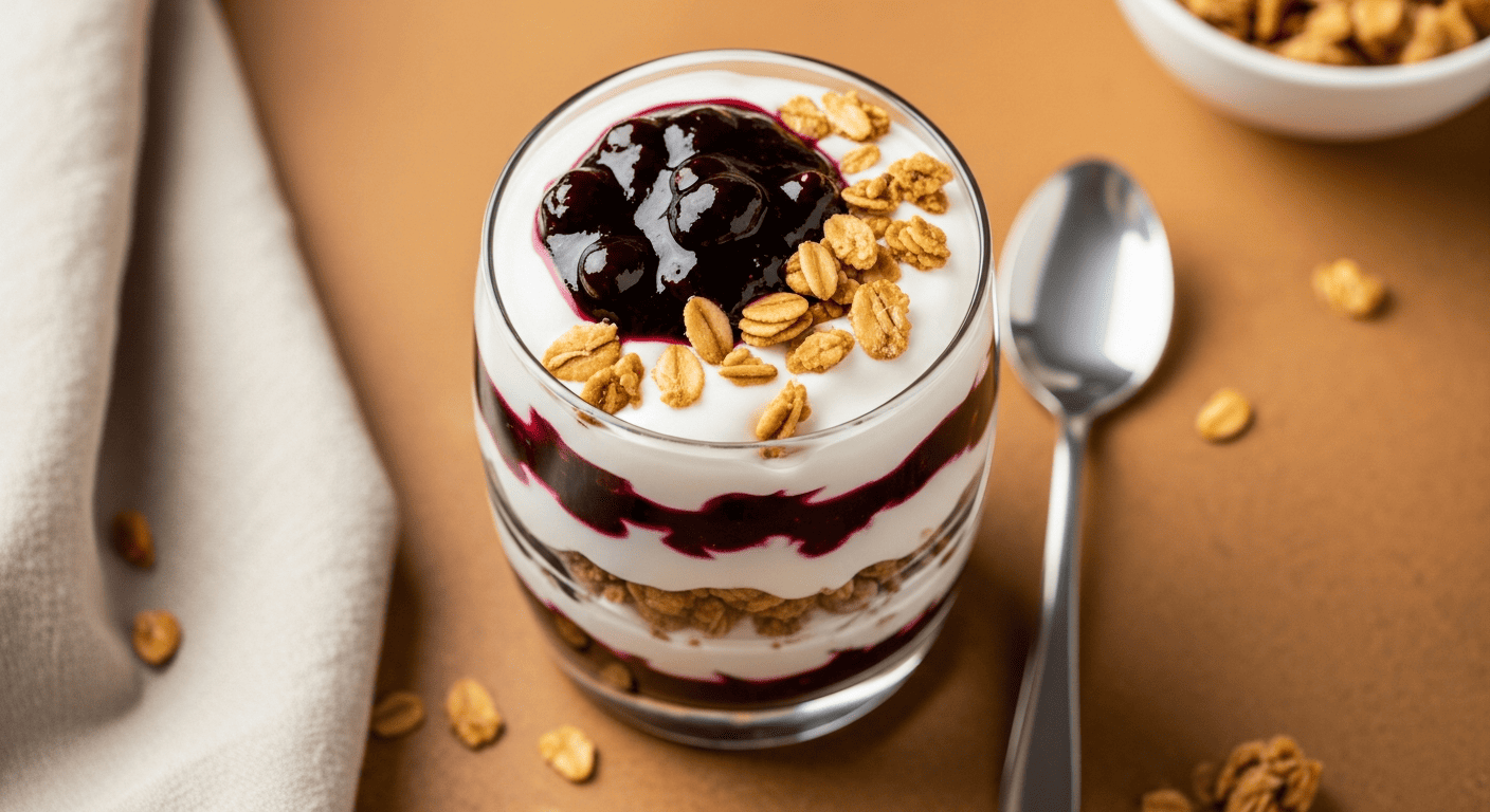 Layered blueberry Greek yogurt parfait in a clear glass showing yogurt, compote, and granola bands