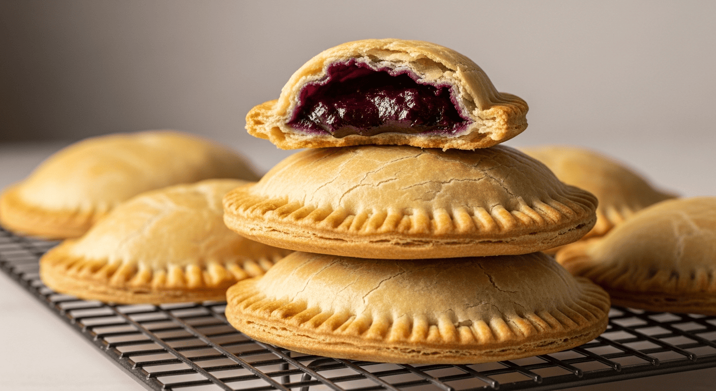 Golden blueberry hand pies stacked on a cooling rack, one broken open showing thick purple filling