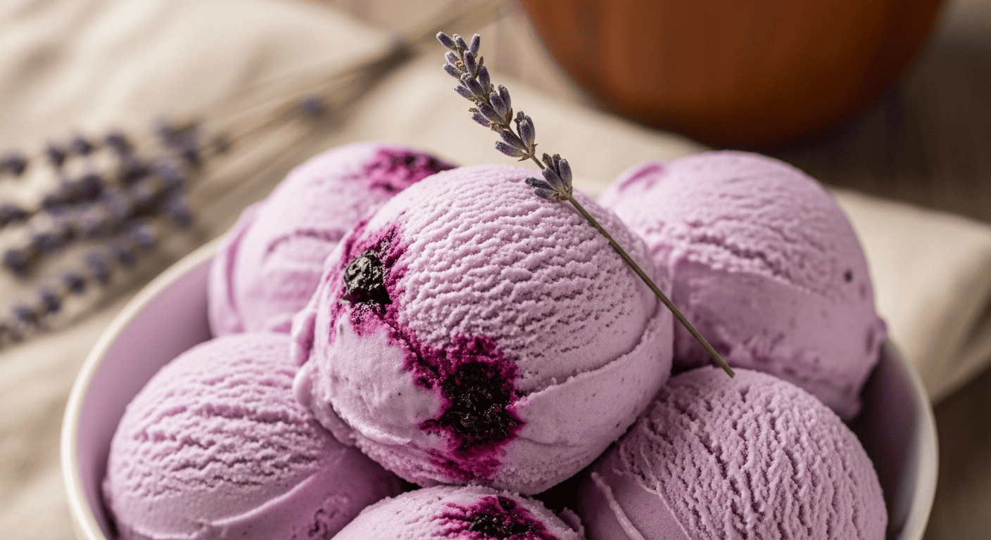 Scoops of pale lavender ice cream with a deep purple blueberry ripple, dried lavender sprig on top