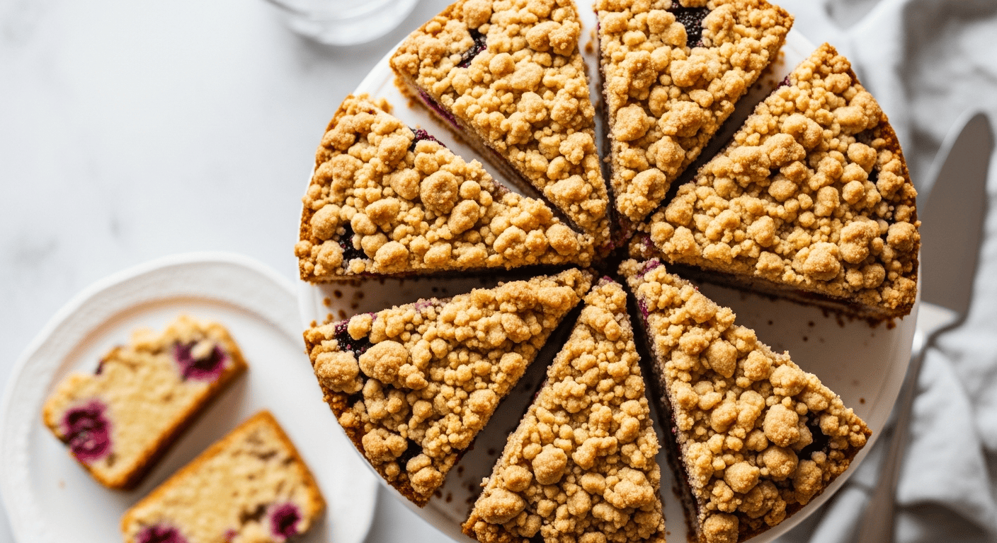 Sliced blueberry lemon crumb cake on a cake stand, golden crumb topping visible, berries peeking through