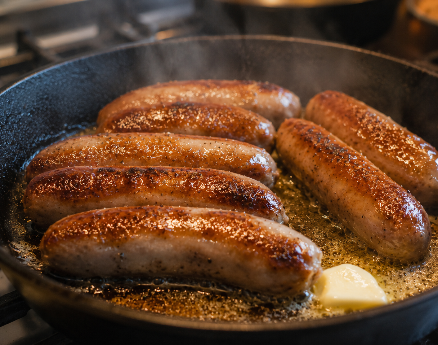 Pork sausages browning in a skillet with a deep golden crust