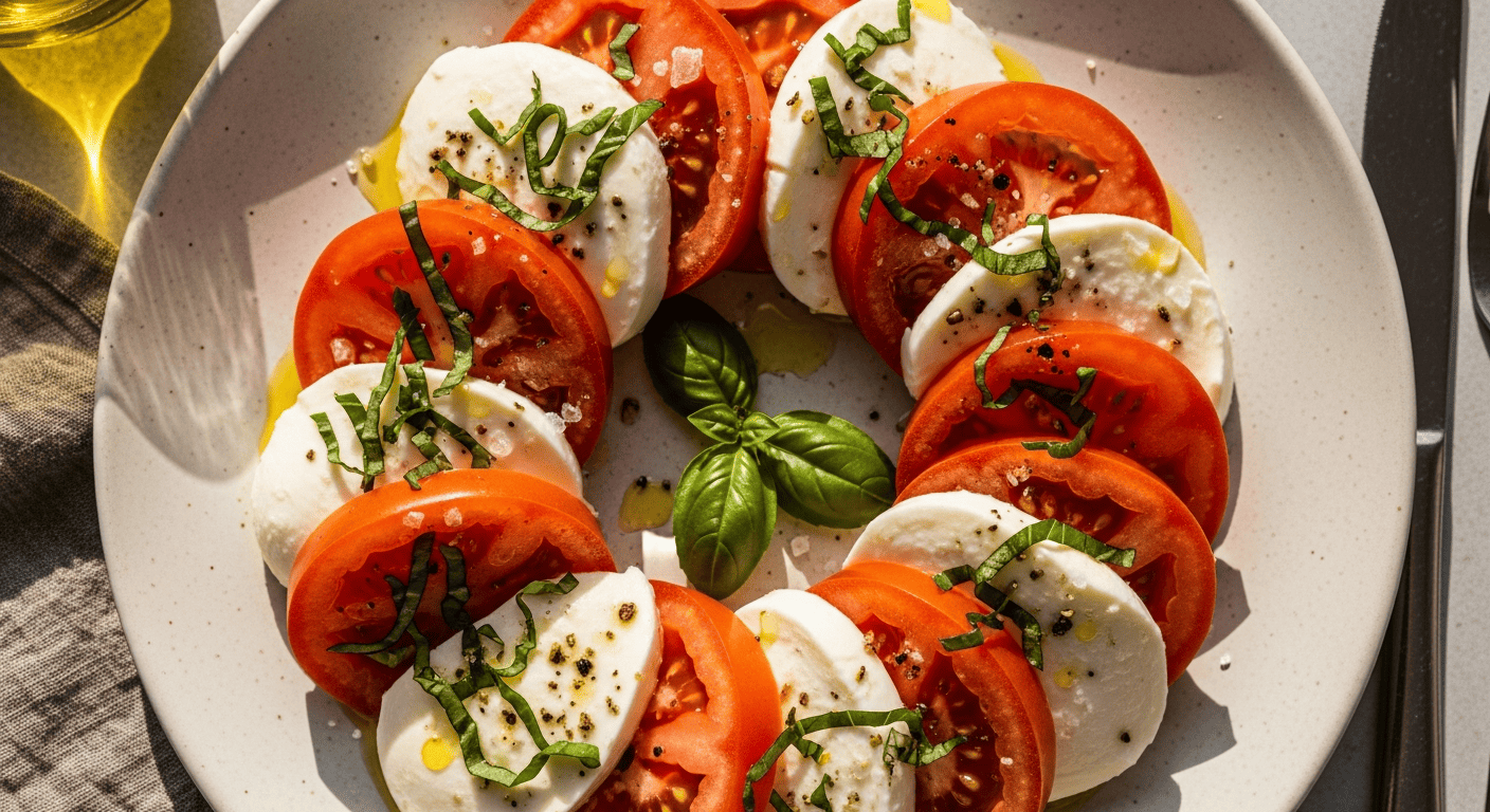 Sliced tomato and fresh mozzarella shingled on a plate, torn basil, olive oil and flaky salt