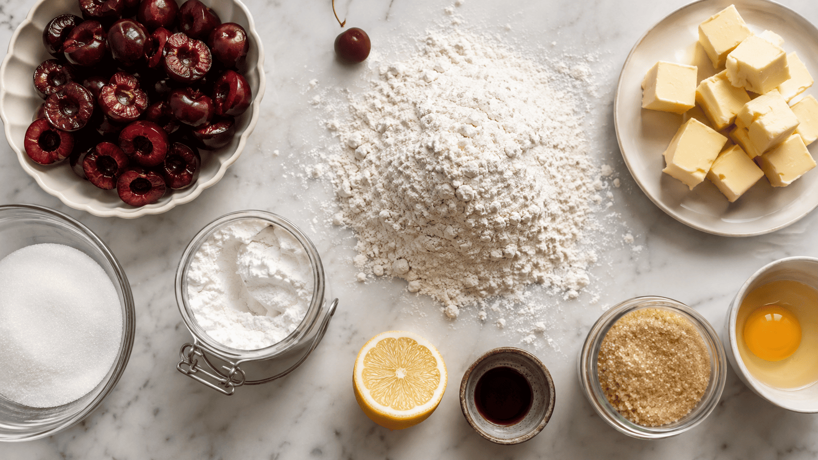 All cherry galette ingredients laid out flat &mdash; fresh cherries, butter, flour, sugar, lemon and an egg
