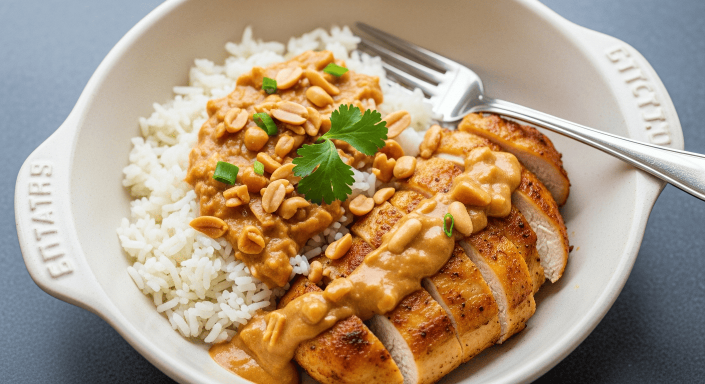 Chicken with rice and a rich peanut-based sauce, steam rising, home-cooked plating