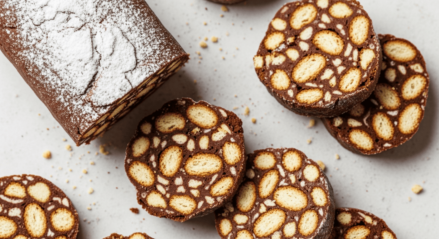 Sliced chocolate salami log revealing cross-sections of crushed biscuits