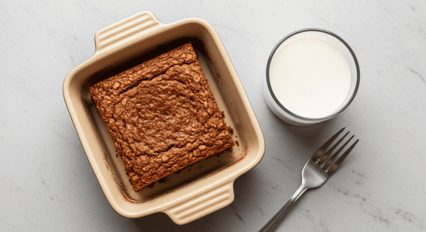 Square of chocolate zucchini baked oatmeal in a ceramic dish, cocoa-dark color, a glass of milk beside it