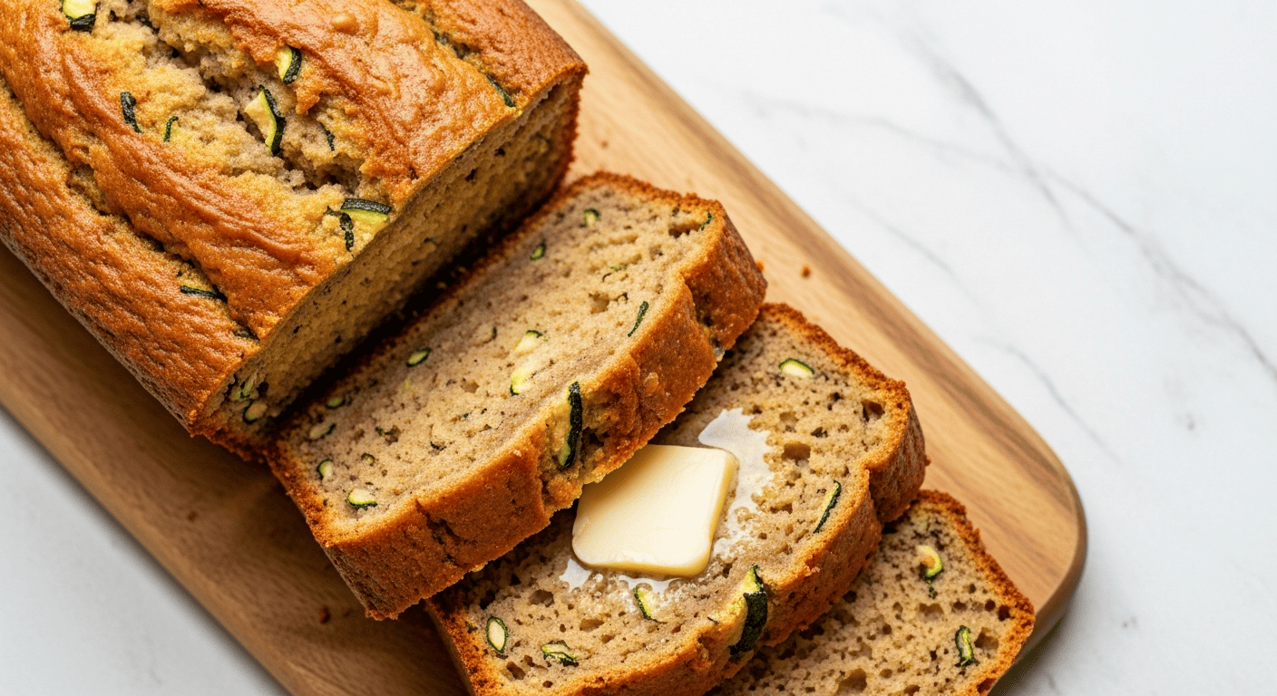 Sliced loaf of zucchini bread on a wooden board, visible green flecks, a pat of butter melting on one slice