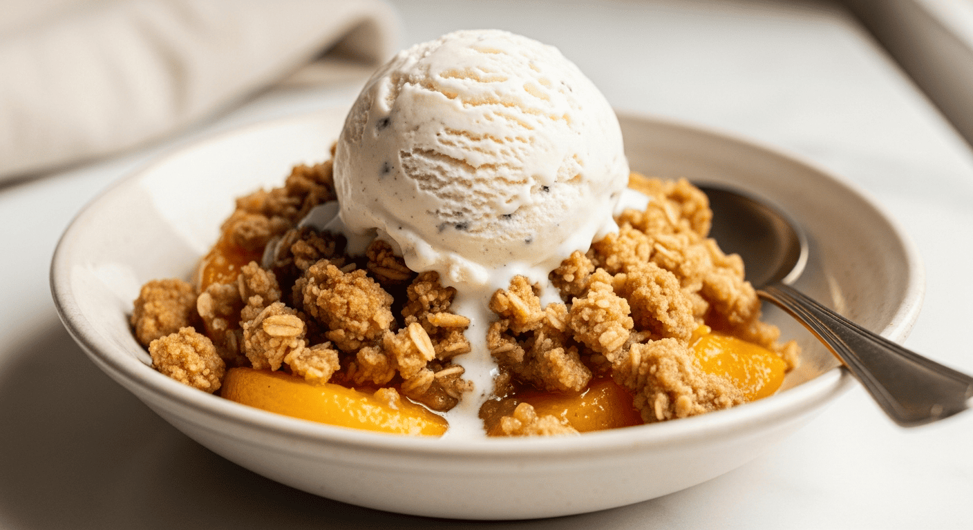 Close up of a single serving of warm peach crisp in a shallow ceramic bowl