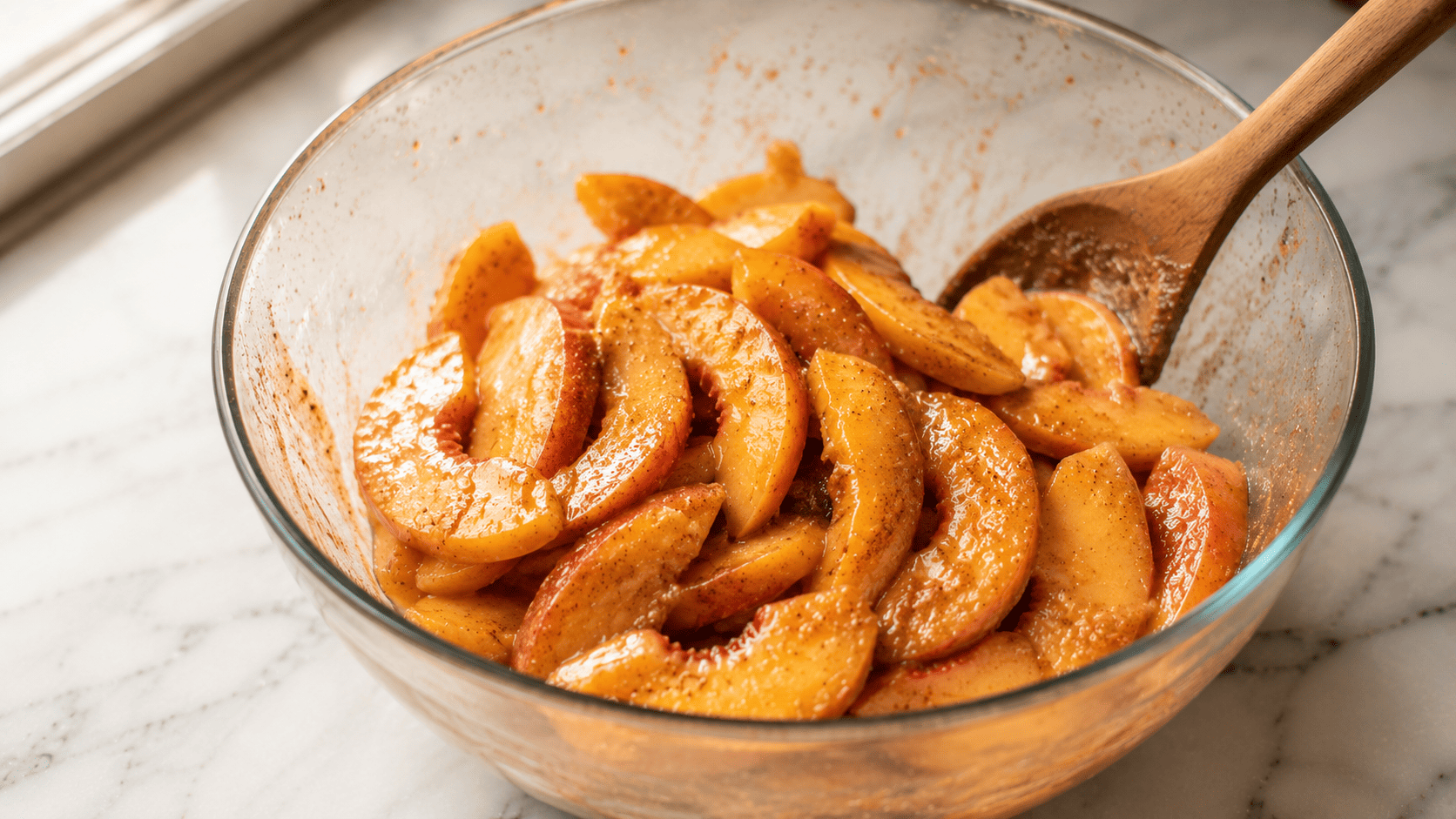 Large glass mixing bowl filled with fresh sliced peaches tossed with sugar and cornstarch