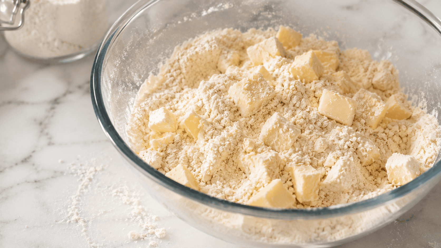 Close-up of a glass mixing bowl on a white marble counter filled with flour and cold butter chunks for galette dough