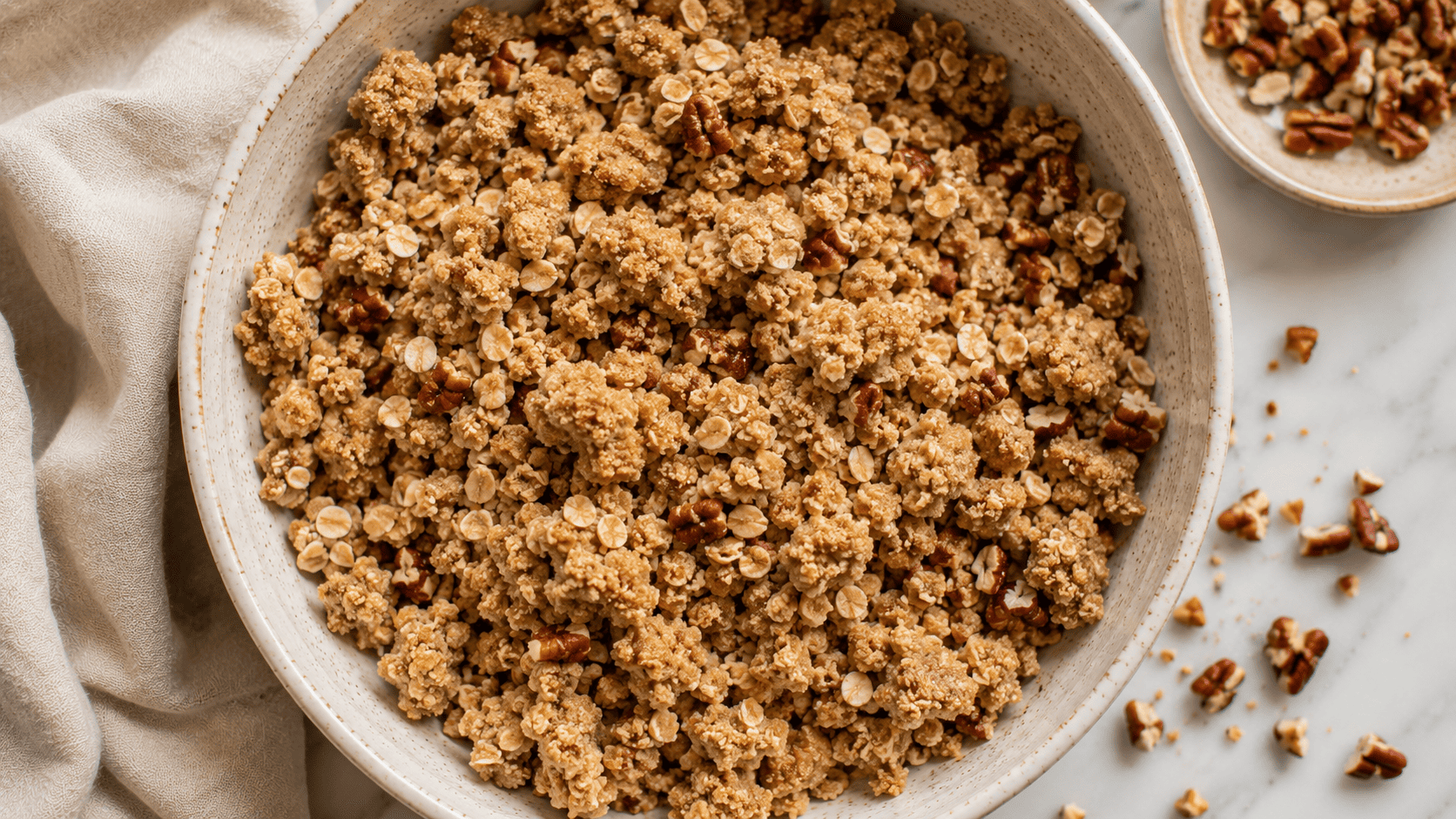 Top down shot of a mixing bowl with coarse, pebbly crumb topping made of oats, flour, brown sugar and butter
