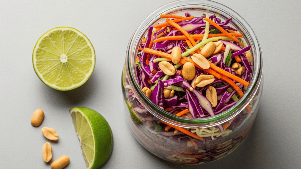 Glass jar of cold peanut lime rice noodles with shredded carrot and chopped peanuts on top