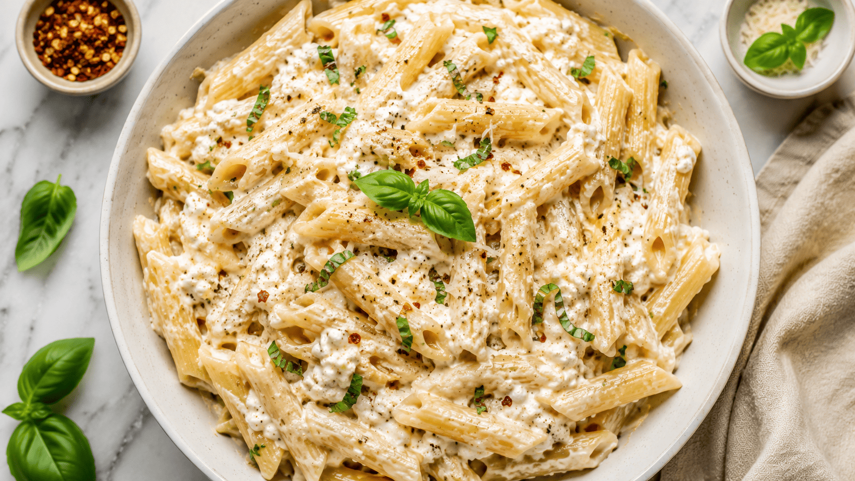 Pale, creamy pasta sauce being blended in a food processor with cottage cheese