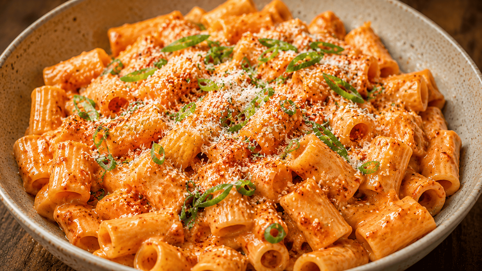 Rose-red pasta glazed in gochujang cream sauce, topped with scallions and sesame seeds