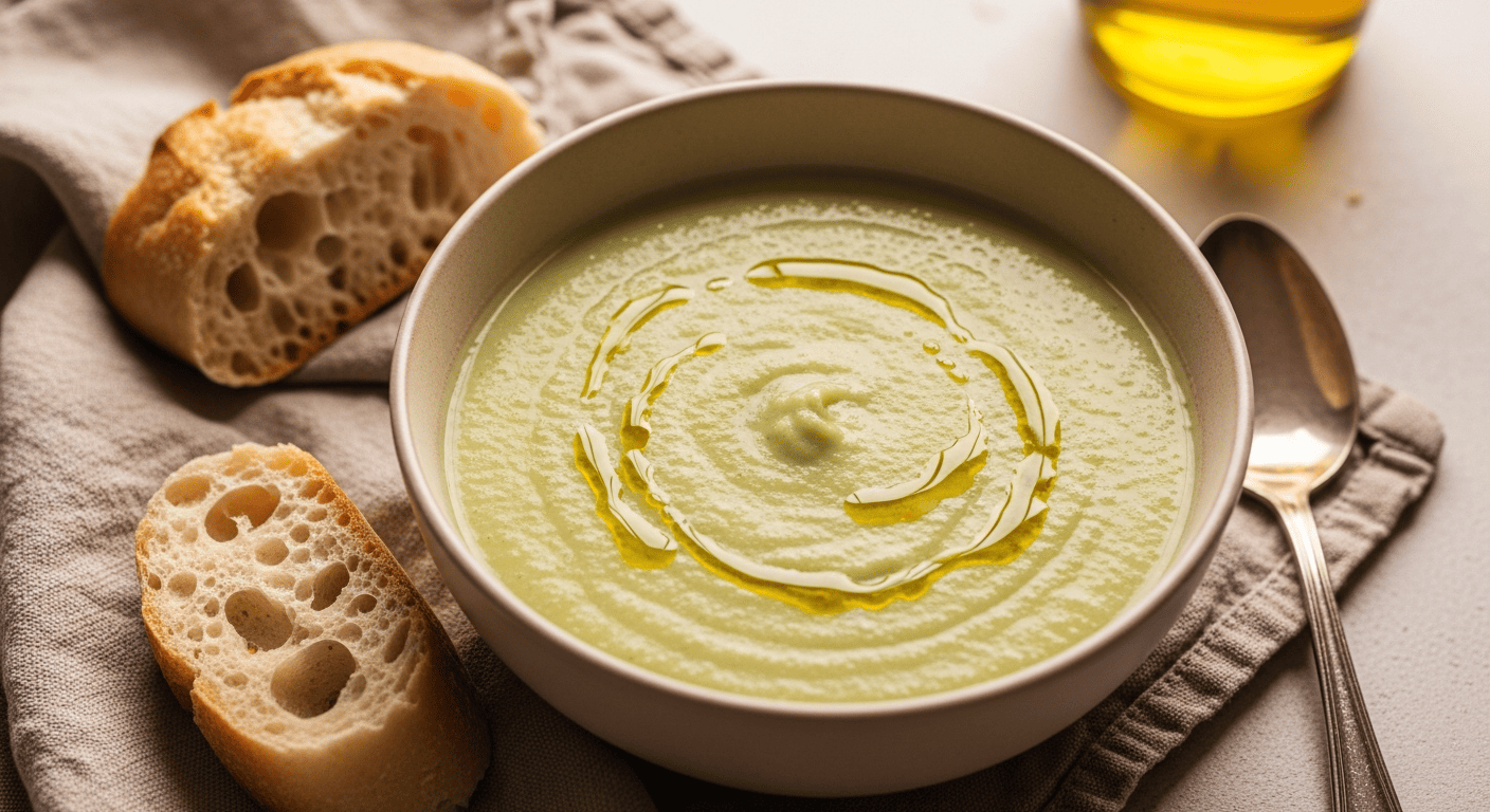 Bowl of pale green pureed zucchini soup, swirl of olive oil on top, crusty bread on the side